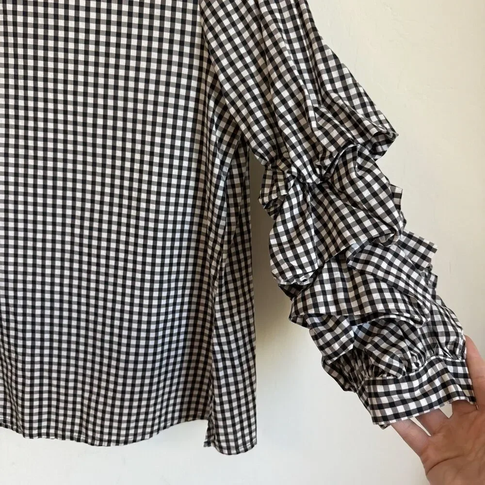 Sanctuary Revolve Black & White Gingham Lightweight  Ruffle Sleeve Blouse Small - Picture 4 of 9